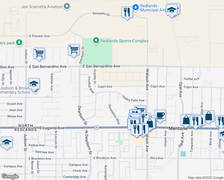 map of restaurants, bars, coffee shops, grocery stores, and more near 1446 Revelation Way in Redlands