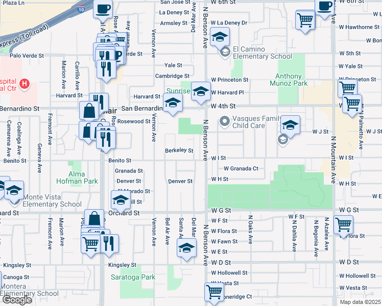 map of restaurants, bars, coffee shops, grocery stores, and more near 5627 Benito Street in Montclair