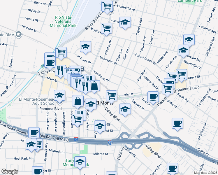 map of restaurants, bars, coffee shops, grocery stores, and more near 11125 Legion Loop in El Monte