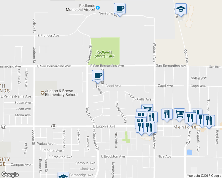 map of restaurants, bars, coffee shops, grocery stores, and more near 1625 Valley Falls Avenue in Redlands
