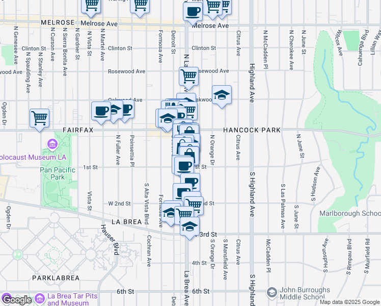 map of restaurants, bars, coffee shops, grocery stores, and more near 114 North La Brea Avenue in Los Angeles