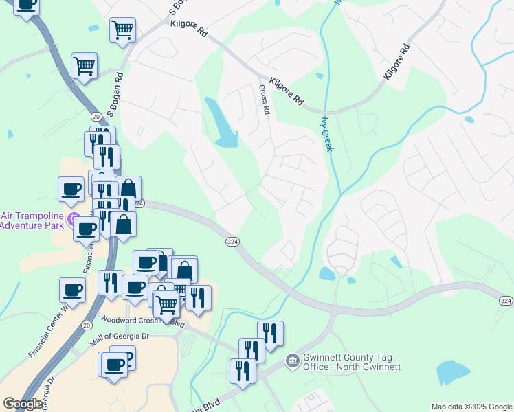 map of restaurants, bars, coffee shops, grocery stores, and more near 3130 Hallmark Lane Northeast in Buford