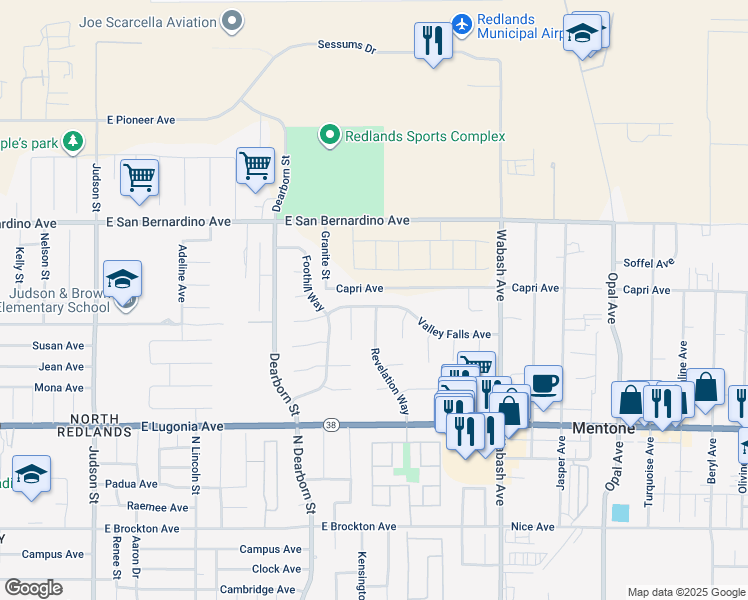 map of restaurants, bars, coffee shops, grocery stores, and more near 1641 Valley Falls Avenue in Redlands
