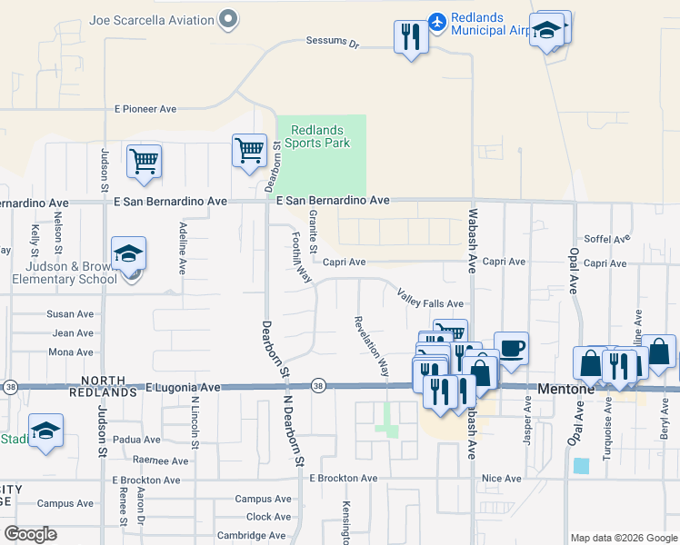 map of restaurants, bars, coffee shops, grocery stores, and more near 1625 Valley Falls Avenue in Redlands