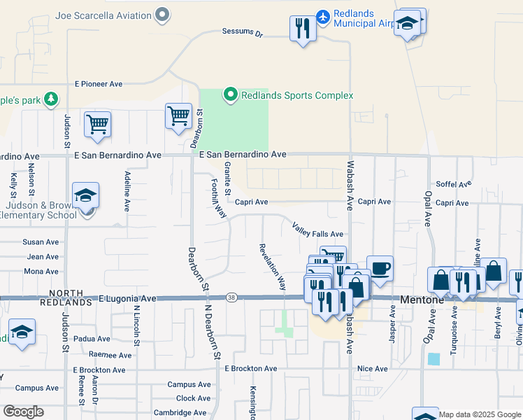 map of restaurants, bars, coffee shops, grocery stores, and more near 1641 Valley Falls Avenue in Redlands