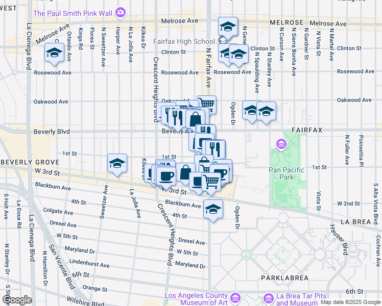 map of restaurants, bars, coffee shops, grocery stores, and more near 104 South Edinburgh Avenue in Los Angeles