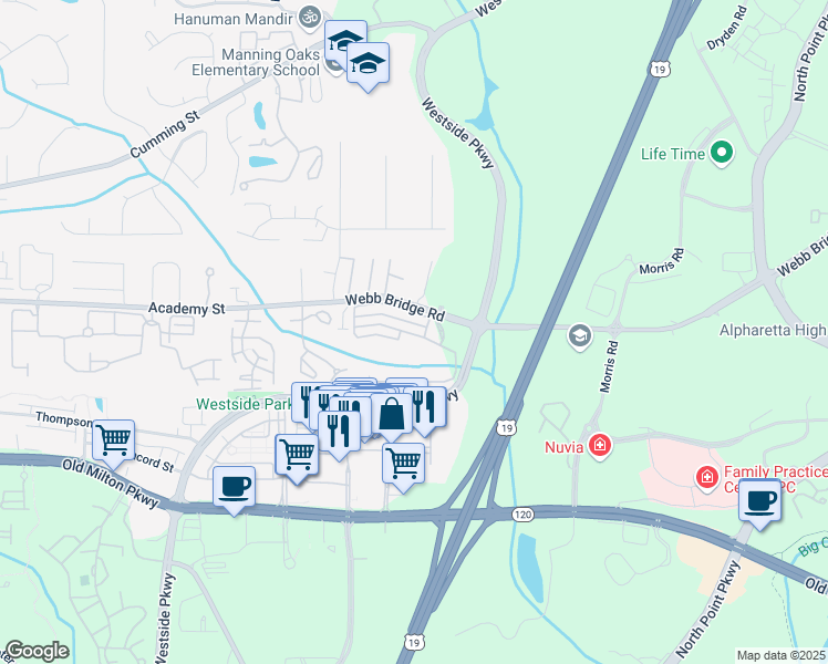 map of restaurants, bars, coffee shops, grocery stores, and more near 7118 Woodland Lane in Alpharetta