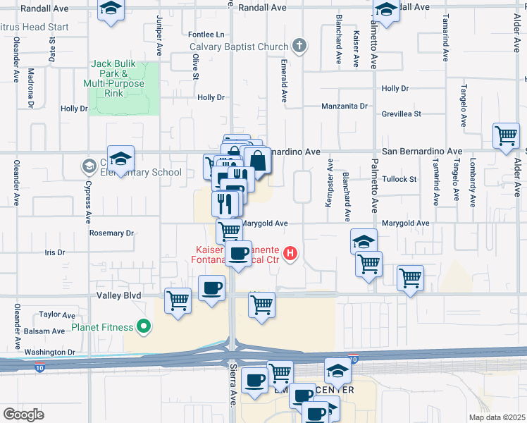map of restaurants, bars, coffee shops, grocery stores, and more near 16970 Marygold Avenue in Fontana