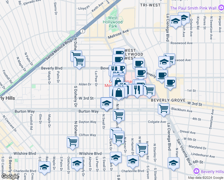 map of restaurants, bars, coffee shops, grocery stores, and more near 118 South Clark Drive in Los Angeles