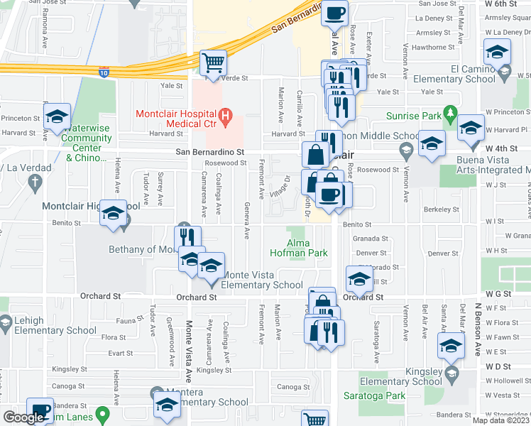 map of restaurants, bars, coffee shops, grocery stores, and more near 9851 Fremont Avenue in Montclair