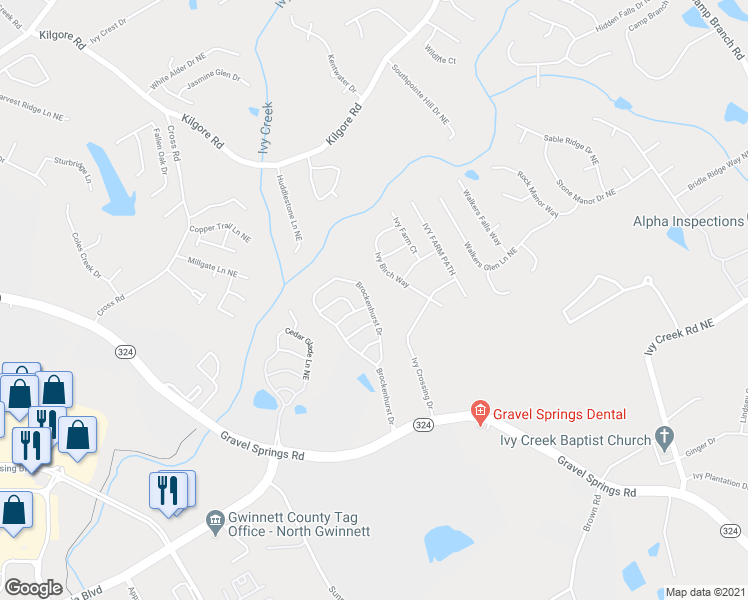 map of restaurants, bars, coffee shops, grocery stores, and more near 3702 Brockenhurst Drive in Buford