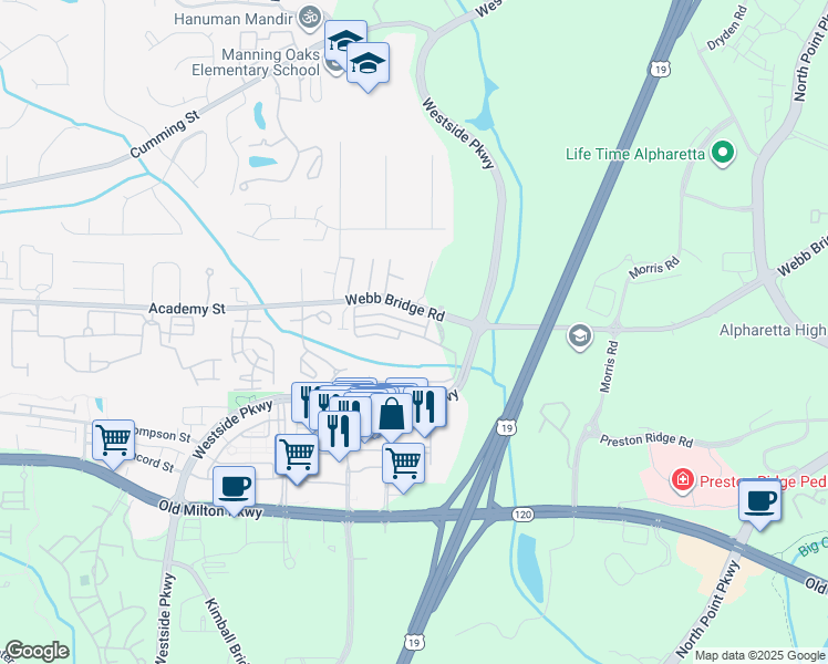 map of restaurants, bars, coffee shops, grocery stores, and more near 7110 Woodland Lane in Alpharetta