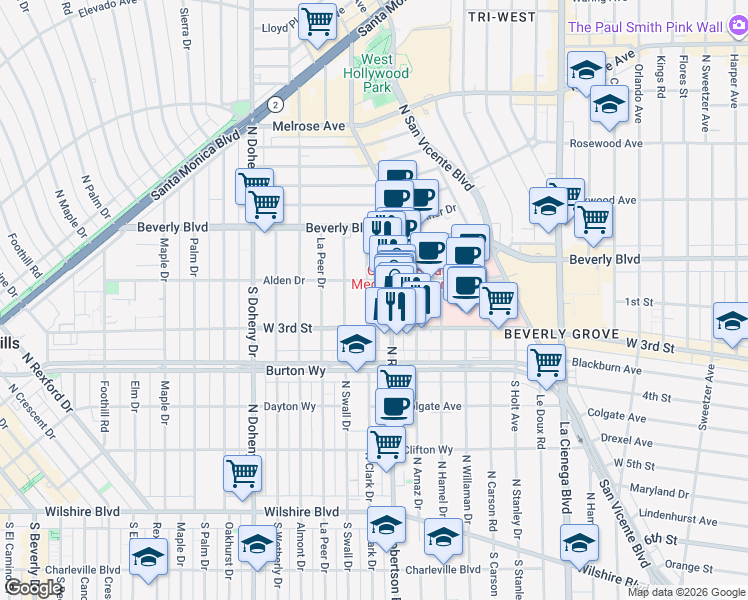 map of restaurants, bars, coffee shops, grocery stores, and more near 118 South Clark Drive in Los Angeles
