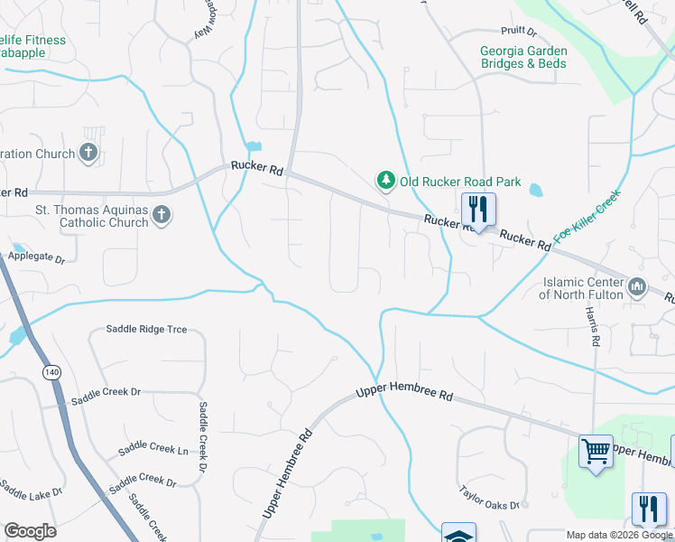 map of restaurants, bars, coffee shops, grocery stores, and more near 12045 North Hickory Trace in Alpharetta