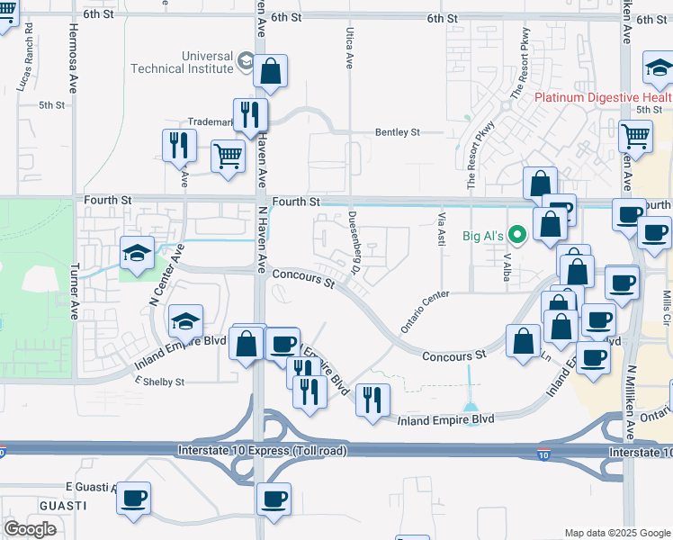 map of restaurants, bars, coffee shops, grocery stores, and more near 3562 Indigo Privado in Ontario