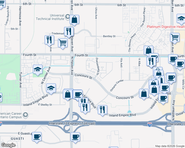 map of restaurants, bars, coffee shops, grocery stores, and more near 3564 Indigo Privado in Ontario