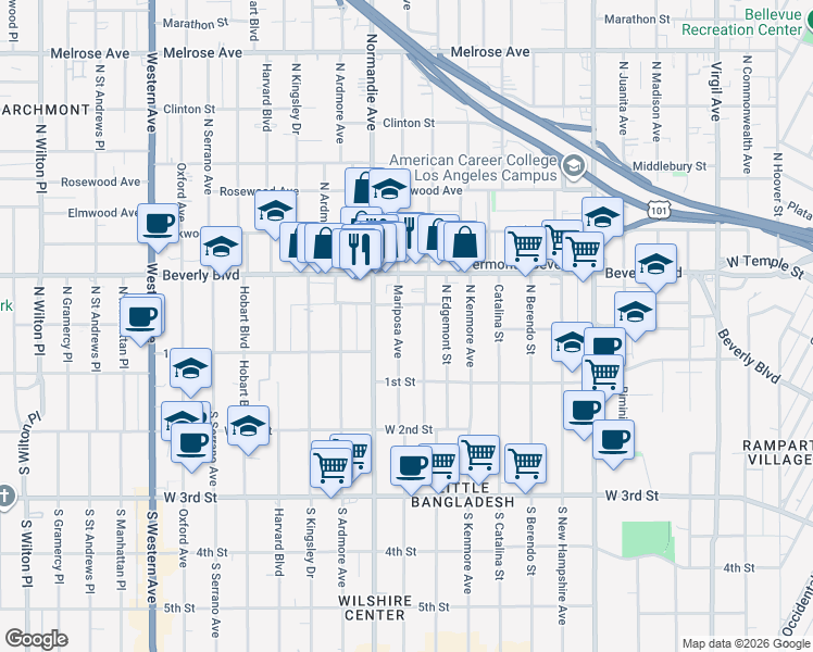 map of restaurants, bars, coffee shops, grocery stores, and more near 162 Mariposa Avenue in Los Angeles