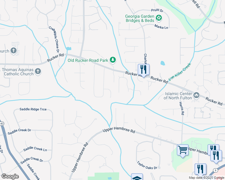 map of restaurants, bars, coffee shops, grocery stores, and more near 120 North Bluff in Alpharetta