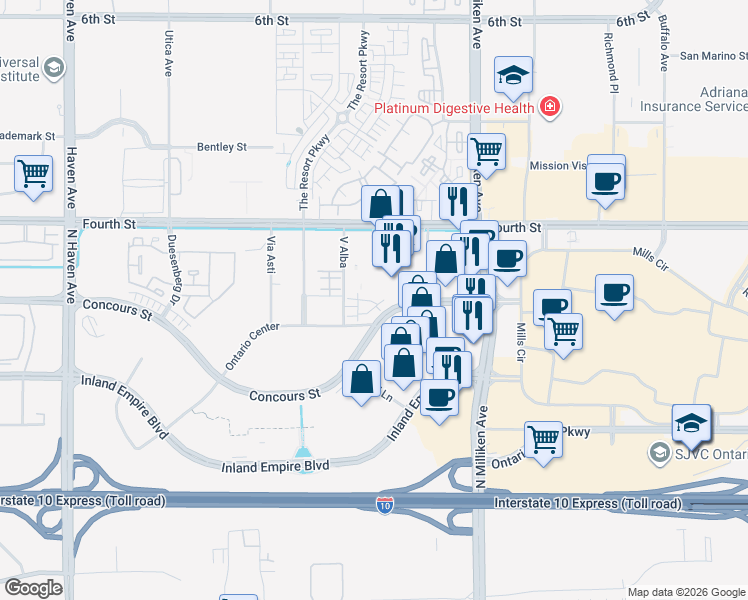 map of restaurants, bars, coffee shops, grocery stores, and more near 4152 Concours Street in Ontario