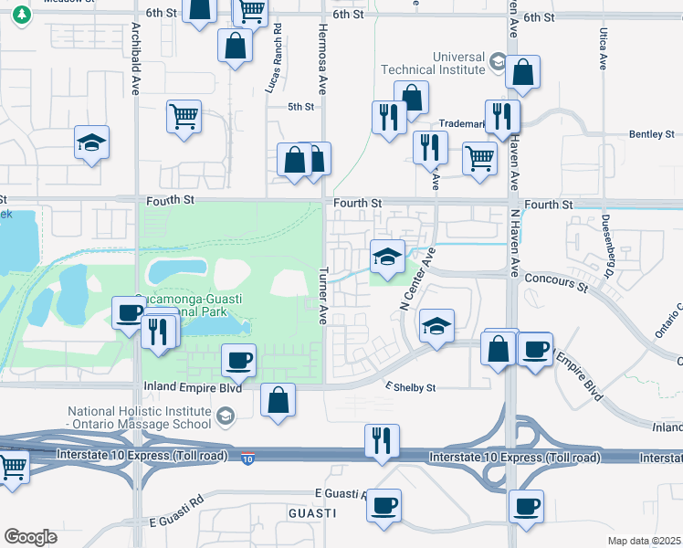 map of restaurants, bars, coffee shops, grocery stores, and more near 956 Hermosa Avenue in Ontario