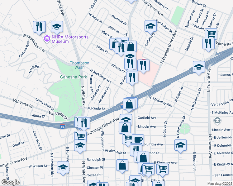 map of restaurants, bars, coffee shops, grocery stores, and more near 1490 North Park Avenue in Pomona