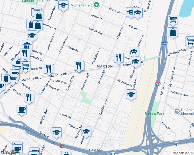 map of restaurants, bars, coffee shops, grocery stores, and more near 4009 1/2 Maxson Road in El Monte