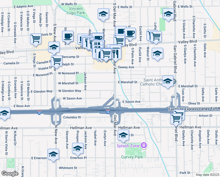 map of restaurants, bars, coffee shops, grocery stores, and more near 128 West Glendon Way in San Gabriel
