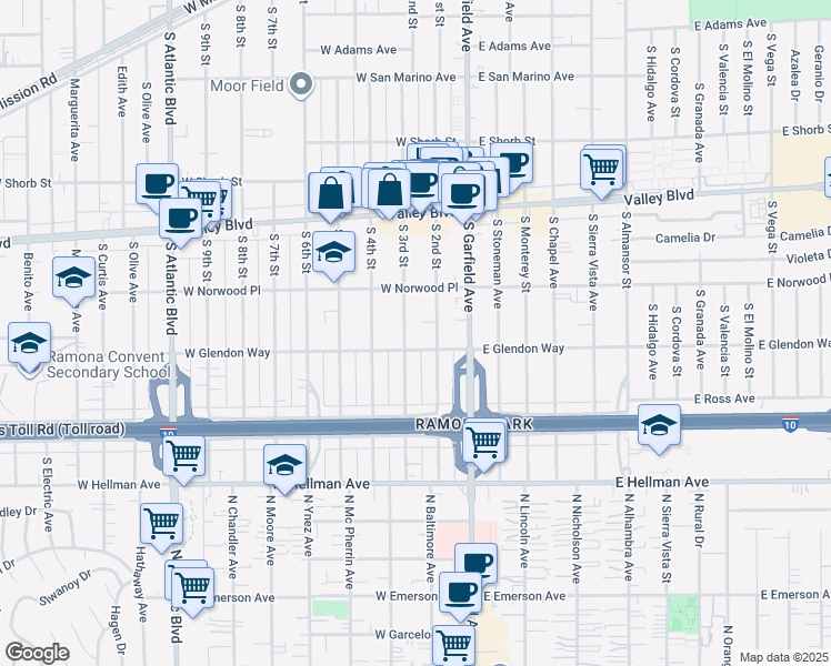 map of restaurants, bars, coffee shops, grocery stores, and more near 1800 South 3rd Street in Alhambra
