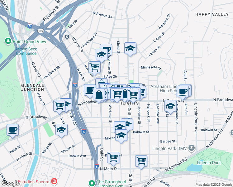 map of restaurants, bars, coffee shops, grocery stores, and more near 2725 North Broadway in Los Angeles