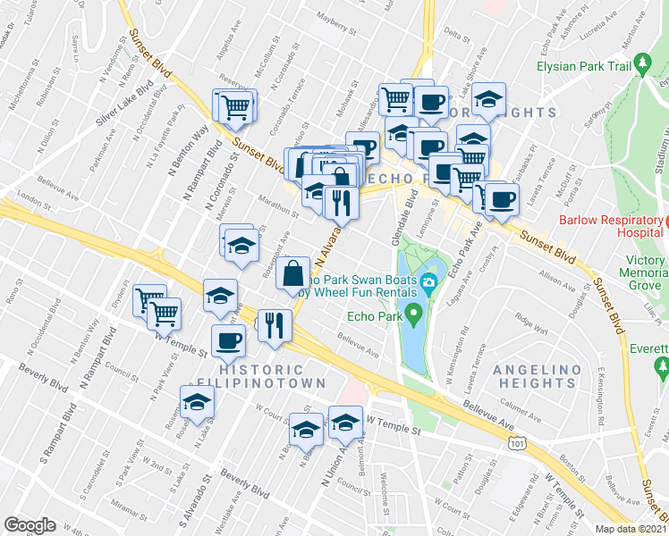 map of restaurants, bars, coffee shops, grocery stores, and more near 1922 1/2 Kent Street in Los Angeles