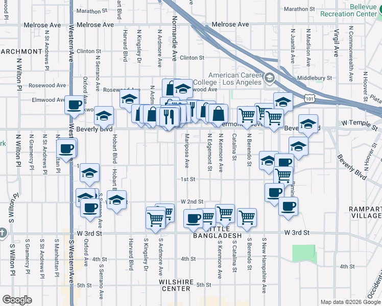 map of restaurants, bars, coffee shops, grocery stores, and more near 136 North Mariposa Avenue in Los Angeles