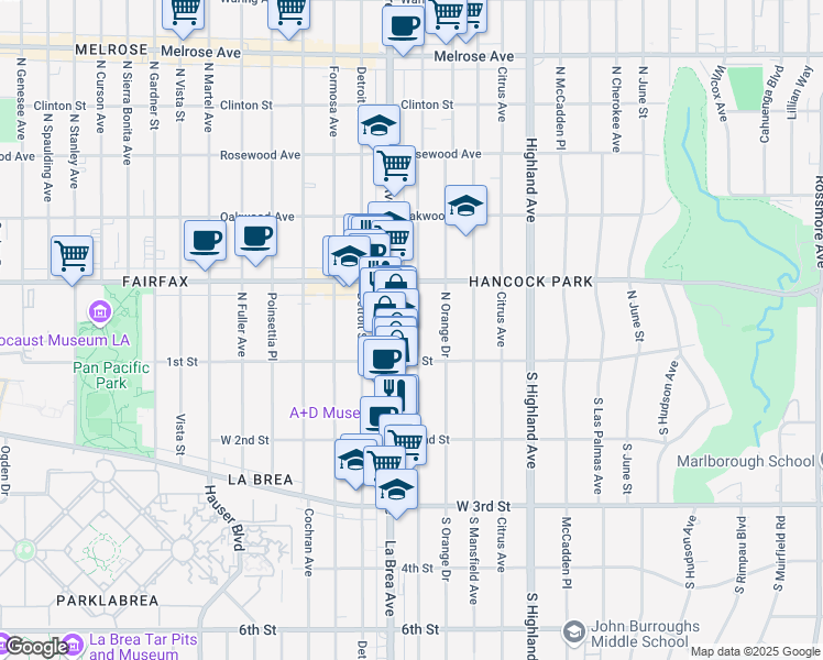 map of restaurants, bars, coffee shops, grocery stores, and more near 137 North Sycamore Avenue in Los Angeles