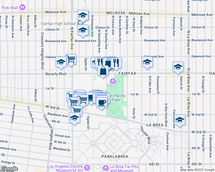 map of restaurants, bars, coffee shops, grocery stores, and more near 12 The Grove Drive in Los Angeles