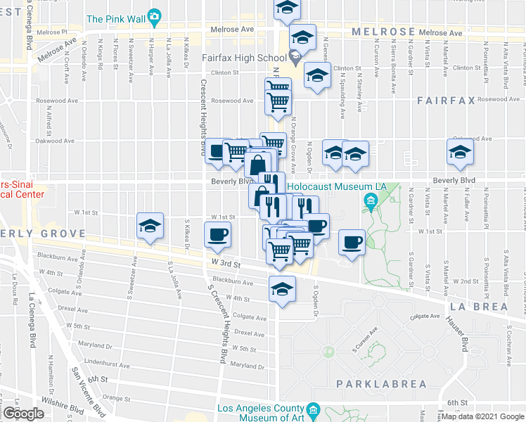 map of restaurants, bars, coffee shops, grocery stores, and more near 104 South Hayworth Avenue in West Hollywood