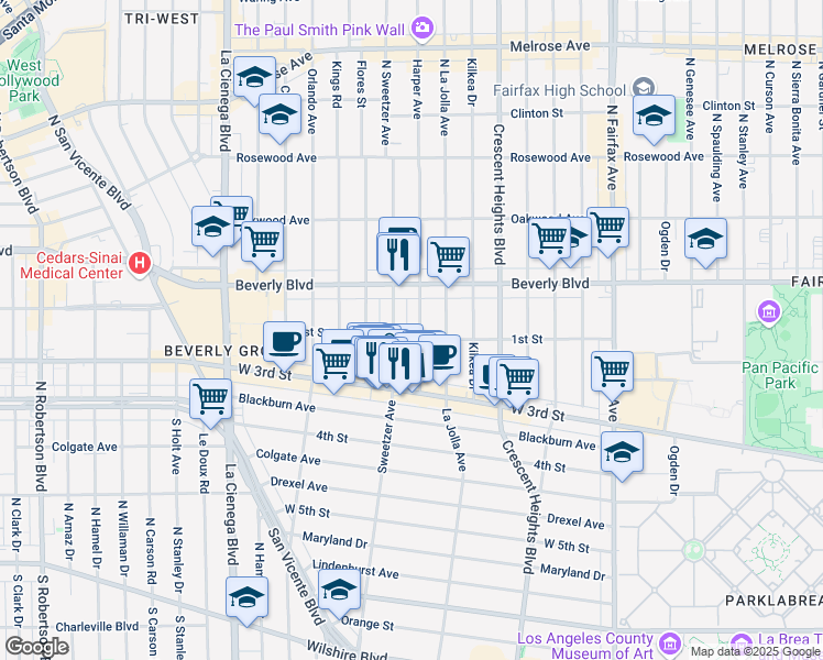 map of restaurants, bars, coffee shops, grocery stores, and more near 107 South Harper Avenue in Los Angeles