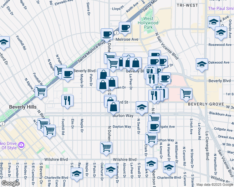 map of restaurants, bars, coffee shops, grocery stores, and more near 147 South Wetherly Drive in Los Angeles