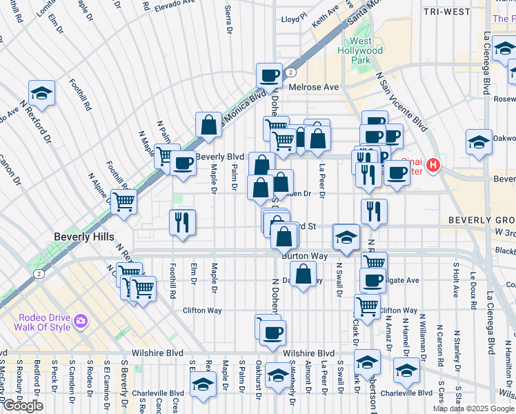 map of restaurants, bars, coffee shops, grocery stores, and more near 336 North Oakhurst Drive in Beverly Hills