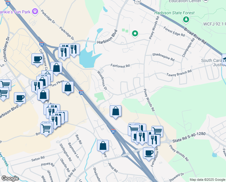 map of restaurants, bars, coffee shops, grocery stores, and more near 34 Woodcross Drive in Columbia