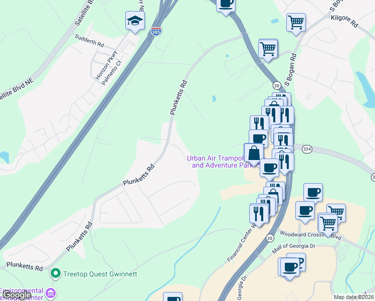 map of restaurants, bars, coffee shops, grocery stores, and more near 3515 Ontario Court in Buford