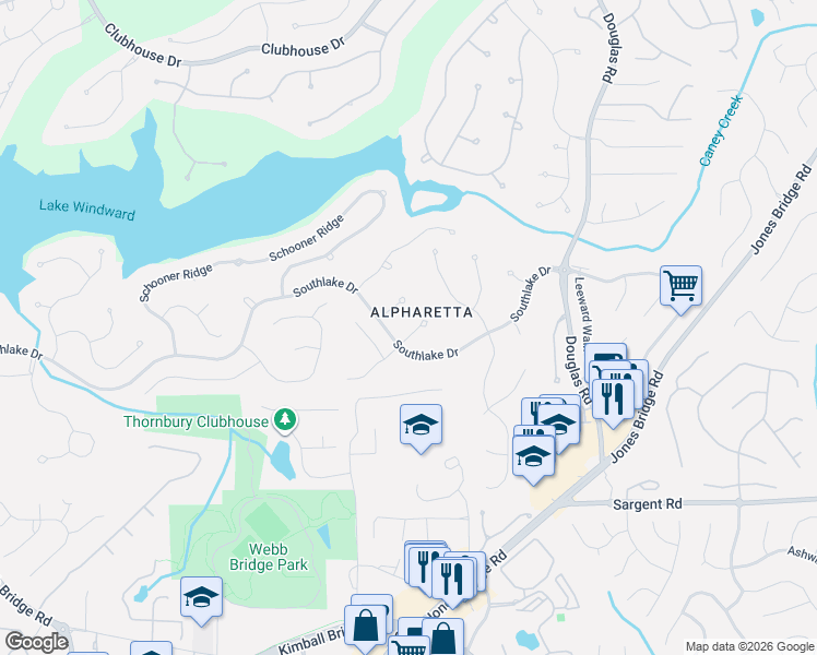 map of restaurants, bars, coffee shops, grocery stores, and more near 305 Intreped Cut in Alpharetta