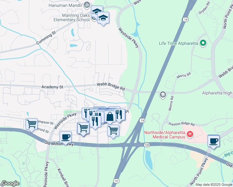 map of restaurants, bars, coffee shops, grocery stores, and more near 7110 Woodland Lane in Alpharetta
