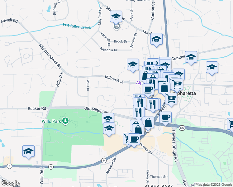 map of restaurants, bars, coffee shops, grocery stores, and more near 2065 Willshire Glen in Alpharetta