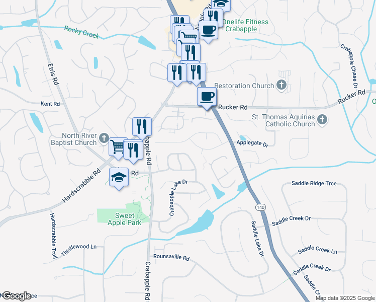 map of restaurants, bars, coffee shops, grocery stores, and more near 6005 Baywood Drive in Roswell