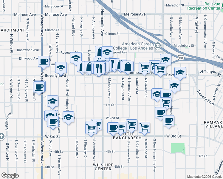 map of restaurants, bars, coffee shops, grocery stores, and more near 136 North Mariposa Avenue in Los Angeles