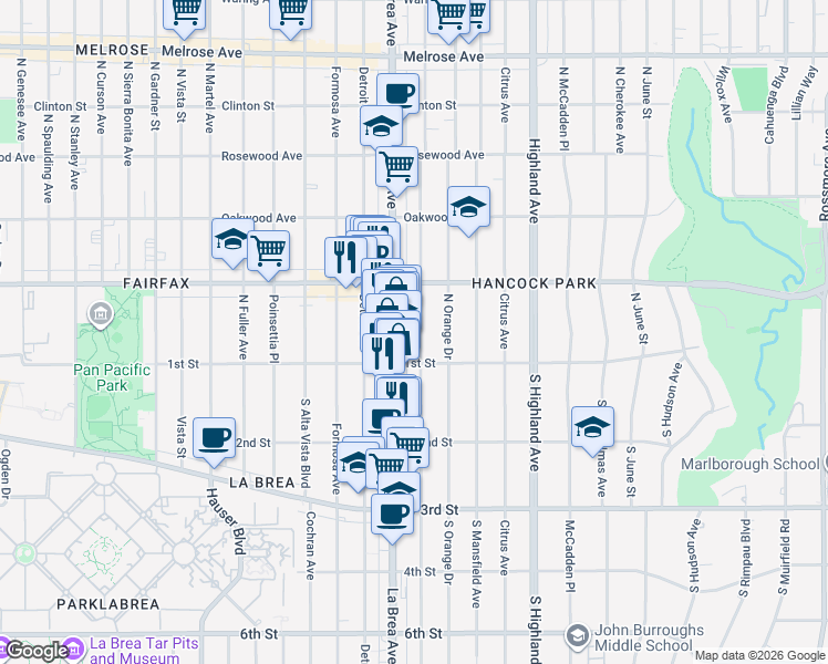 map of restaurants, bars, coffee shops, grocery stores, and more near 137 North Sycamore Avenue in Los Angeles
