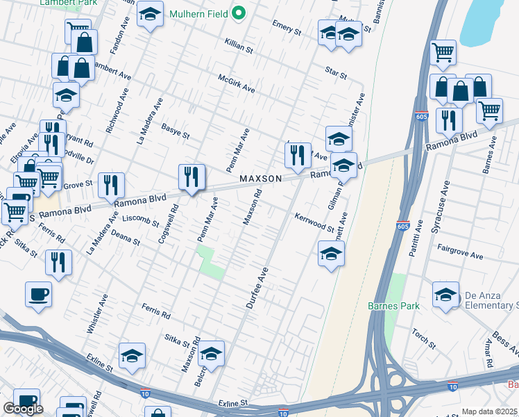 map of restaurants, bars, coffee shops, grocery stores, and more near 4028 Maxson Road in El Monte