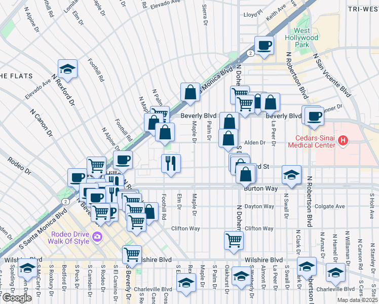 map of restaurants, bars, coffee shops, grocery stores, and more near 345 North Maple Drive in Beverly Hills