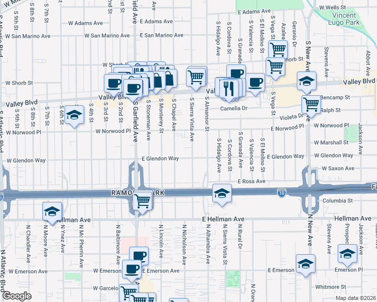 map of restaurants, bars, coffee shops, grocery stores, and more near 1709 South Sierra Vista Avenue in Alhambra