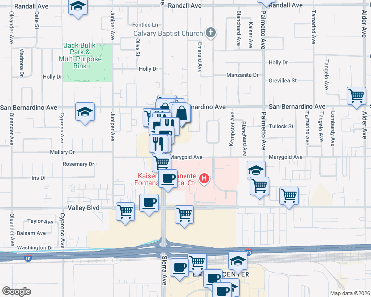 map of restaurants, bars, coffee shops, grocery stores, and more near 9961 Sierra Avenue in Fontana