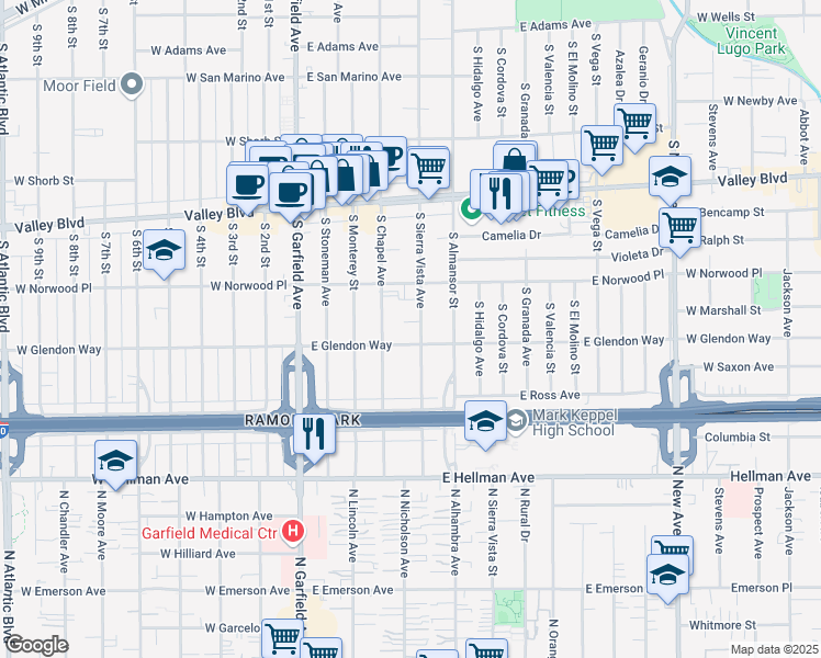 map of restaurants, bars, coffee shops, grocery stores, and more near 1709 South Sierra Vista Avenue in Alhambra